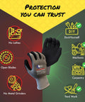 Light Cut Resistant Work Gloves With Graphene Fiber Construction For Everyday Tasks shown in protective gear illustration.
