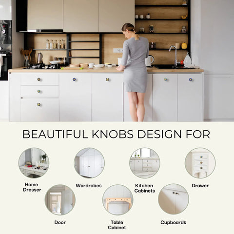 Image of Multicolor Ceramic Cabinet Knobs Set Of 25 Hand Painted Antique Floral Round Pulls displayed on kitchen cabinets.