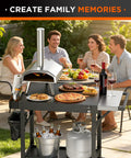People dining outdoors with a Pizza Prep Table With Topping Station Outdoor Grill Cart 45 Inch Heavy Duty Backyard Kitchen Station.