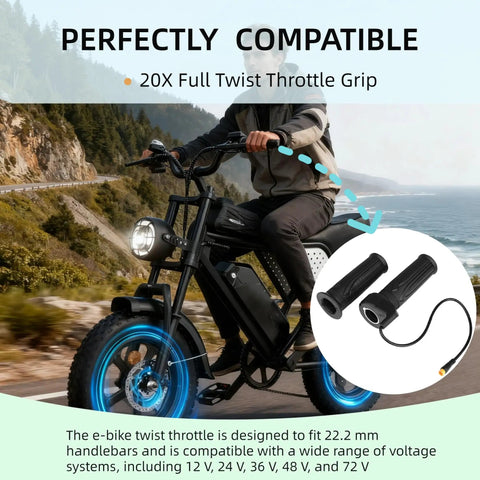 Full Twist Throttle Grip for Ebikes and Scooters, 22.2mm Clamp, 12V to 72V Universal, 3 Pin Waterproof Connector, Snappy Response and Smooth Acceleration on Most 24V to 72V Systems