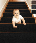Non Slip Stair Treads For Wood Steps Peel And Stick 8x30 Inch Runner Rug Black 15 Pack Kid Friendly Pet Safe, on stairs with child