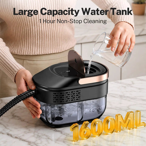 Odsd Handheld Steam Cleaner With 3 Level Steam Control For Home And Car Deep Cleaning Upholstery Tile Grout Heavy Duty Hot Vapor Mop Easy Handle Adjustment water tank filling with a glass on marble countertop.