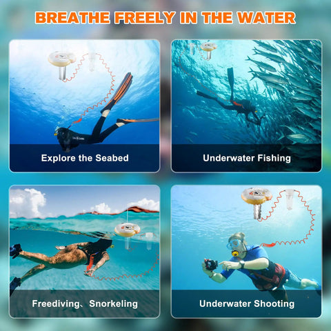 Tankless Underwater Breathing System D2 with 50ft tube used for snorkeling, fishing, and underwater exploration in the ocean.