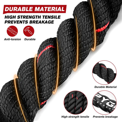 Close-up of durable heavy weighted jump rope, black polymer synthetic fiber, prevents breakage for full body workout.