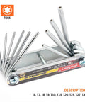Heavy Duty Folding Torx Star Key Set With Tamper Resistant Security Design Crafted From Premium Chrome Vanadium Steel features T6 to T30 sizes.