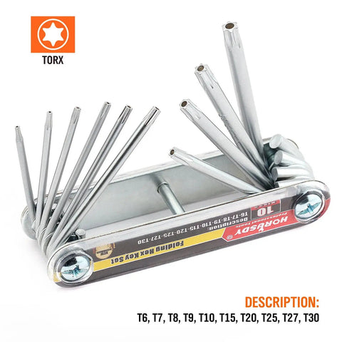 Heavy Duty Folding Torx Star Key Set With Tamper Resistant Security Design Crafted From Premium Chrome Vanadium Steel features T6 to T30 sizes.