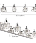 Crystal 4 Light Bathroom Vanity Fixture Chrome Finish LED Wall Mount Over Mirror Lighting That Pops Modern Bath Glow Waterproof Rustproof Glass Lampshades For A Spa Like Vibe, showing dimensions and detail of chrome finish and glass shades.