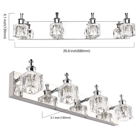 Crystal 4 Light Bathroom Vanity Fixture Chrome Finish LED Wall Mount Over Mirror Lighting That Pops Modern Bath Glow Waterproof Rustproof Glass Lampshades For A Spa Like Vibe, showing dimensions and detail of chrome finish and glass shades.