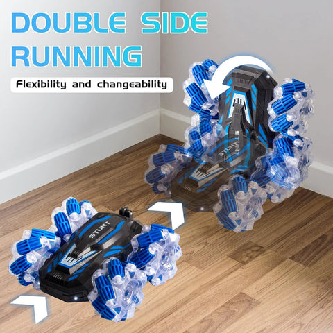 Two YEMIAI RC stunt cars, blue and black with clear blue wheels, 4WD, double-sided, front-left view.