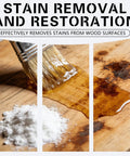 Oxalic Acid Wood Bleach Powder Two Pound Tin applied with a brush on stained wood surface, showing effective stain removal.
