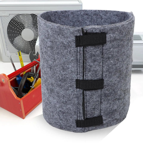 Top Shelf Outdoor AC Compressor Soundproofing Foam Wrap With Heavy Duty Straps and Self Adhesive Insulation Blanket on cooling unit.