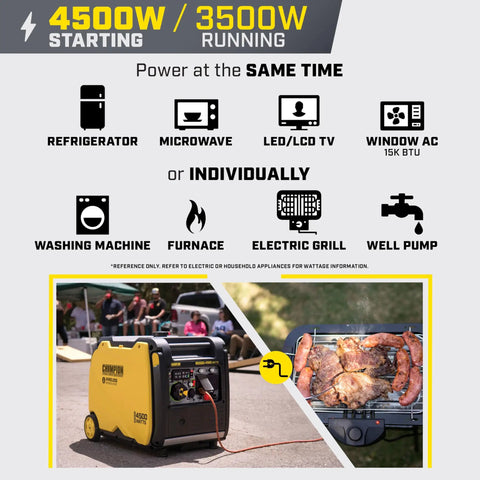 Portable 4500-Watt Inverter Generator With Wireless Remote Start and Quiet Technology powering camp grill and appliances