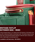 Close-up of Heritage FatLip Fastener Bag Right Hand With 10 Pockets And Tool Holders Built In USA for framing, showing green and leather detail.