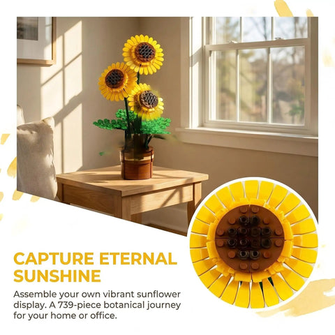 Vibrant Floral Building Set With Vase For Adults Grown Up Friendly Compatible With Lego Flowers 739 Pieces Botanical Home Decor Kit, sunflower display on table