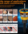 Four Piece Countersink Drill Bit Set With Adjustable Depth Stop And L Shape Wrench For Woodworking HSS Four Blade Countersink Bits For Wood And Plastic DIY Pros Will Love Case Included shown with various wood types and prohibited materials like concrete and glass.