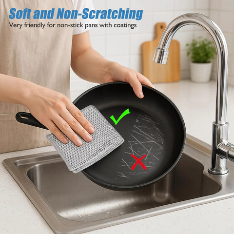 Heavy Duty Non Scratch Steel Wool Dishcloths And Scrubber Pads Kitchen Cleaning Set using cloth on non-stick pan to remove stains.