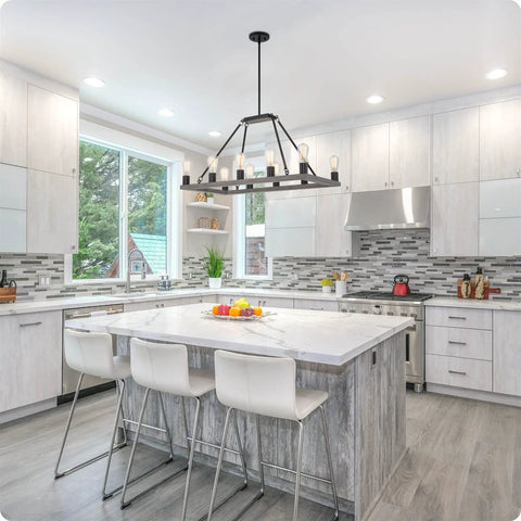 Farmhouse Kitchen Island Light With Ten Lights Rectangular Tapered Open Frame In Gray Oak Finish Rustic Modern Pendant Fixture For Big Kitchen Islands Industrial Style Chandelier That Brings Warm Bright Glow in spacious kitchen setting