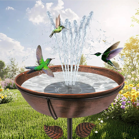 Solar Powered Bird Bath Fountain Pump For Backyard Birds, Floating 6.3-Inch Unit With 7V 1.4W Panel in garden with hummingbirds