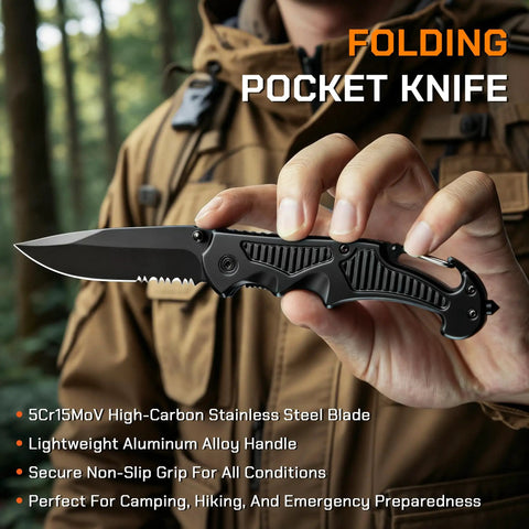 Close-up of a compact folding pocket knife with aluminum handle and stainless steel blade held in hand, perfect for camping and hiking.