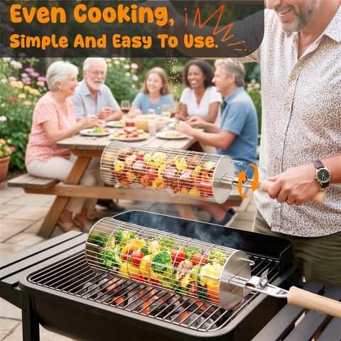 Person using Rolling Grill Basket With Removable Handle 304 Stainless Steel Nesting Grilling Net at outdoor BBQ with friends