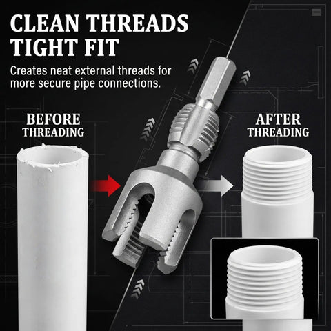 Heavy Duty 4 In 1 Water Pipe Wrench With Integrated Threader For PVC showing before and after threading on PVC pipe.