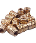 Heavy Duty 6 32 Threaded Heat Set Inserts For 3D Printing Solid Gold Brass Screws in a pile, showing detail and finish.