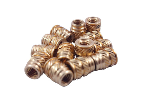 Heavy Duty 6 32 Threaded Heat Set Inserts For 3D Printing Solid Gold Brass Screws in a pile, showing detail and finish.