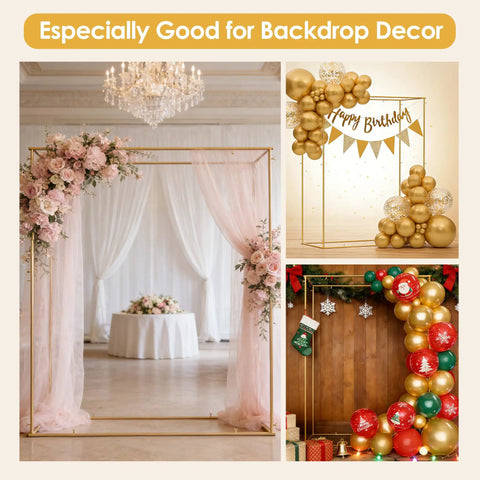 Gold Outdoor Metal Arbor Frame Stand 4.95 By 6.56 Ft Backyard Garden Arch Trellis For Plants And Wedding Backdrop Decor, Weatherproof Sturdy Arch With Black Coating For Wind Rain And Sun, featuring floral and balloon decorations in a wedding and birthday setting.
