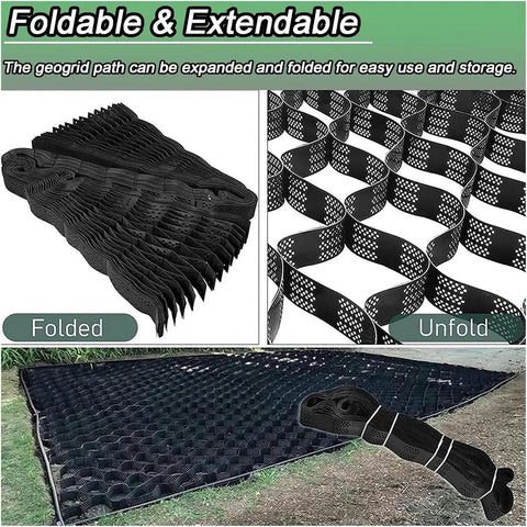 Folded and unfolded Gravel Driveway Stabilizer Grid with Drainage Holes for grass paver system in lawn garden and pathways