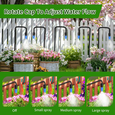 165Ft Drip Irrigation Kit With Timer showing adjustable sprayers for plants in garden with multiple spray settings
