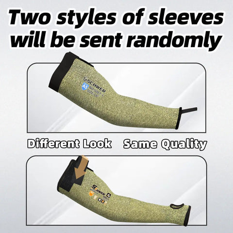 Core Arm Protection Sleeves S081, ANSI A5 cut resistant, flame resistant, green sleeve with thumbhole, two styles shown