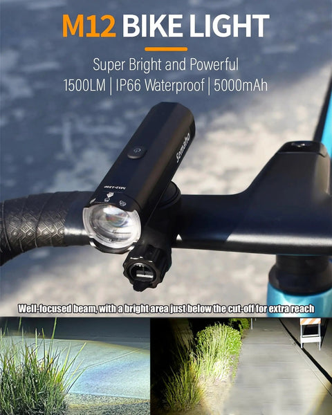Ultra Bright Front Bike Light For Night Riding 1500 Lumens Rechargeable Bicycle Headlight With Aluminum Alloy Body IP66 Waterproof Anti Glare For Urban Roads And Commuters mounted on handlebars with bright beam