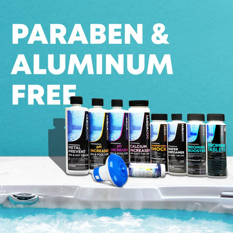 Paraben and aluminum free Complete Bromine Spa Starter Kit For Hot Tubs With Bromine Tablets pH Increaser Decreaser shown.