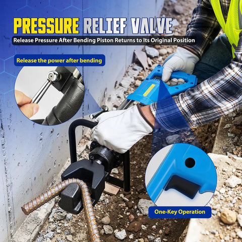 Heavy Duty 110V Hydraulic Rebar Bender 1400W Pure Copper Motor showing pressure relief valve in use on steel rebar.