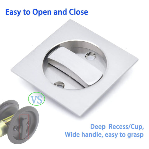 Pocket Door Lock With Key For Hidden Barn Doors, Recessed Two Sided Latch, Modern Square Sliding Design, brushed nickel