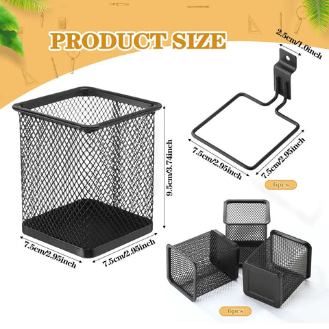 Six Piece Slatwall Cups And Hooks Organizer Set Black Metal Mesh Wire Holder product dimensions and parts view