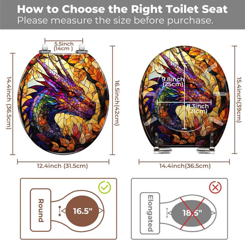 Round Resin Toilet Seat for Bathroom size comparison with measurements, showcasing round and elongated designs.
