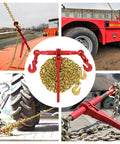 Two Pack Tough As Nails Heavy Duty Ratchet Binders With G80 Chain 10 Foot Each Five Sixteenths To Three Eighths Inch 5400 Lbs WLL 19000 Lbs Break Strength Secure Tie Downs For Flatbed Trailers Hauling shown securing various trailers and equipment in a collage