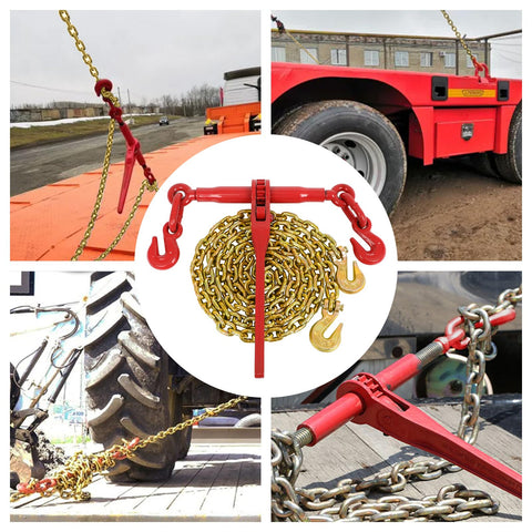 Two Pack Tough As Nails Heavy Duty Ratchet Binders With G80 Chain 10 Foot Each Five Sixteenths To Three Eighths Inch 5400 Lbs WLL 19000 Lbs Break Strength Secure Tie Downs For Flatbed Trailers Hauling shown securing various trailers and equipment in a collage
