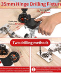 Close-up of 35mm Concealed Hinge Jig for Cabinets Aluminum Alloy Construction with two drilling methods and measurements.