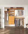 Top Tier Solid Wood Closet Organizer With Wall Mounted Walk In Closet Storage Rack Featuring Soft Close Drawers Vented Shelves Honey Maple Finish with clothing.