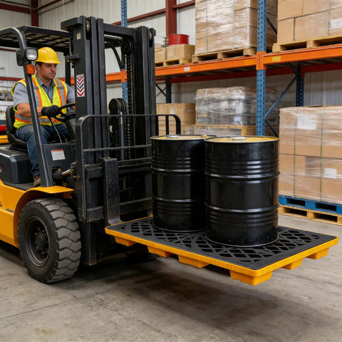 Heavy-Duty Spill Containment Tray Built Tough With Forklift Pockets, 2000 Lb Capacity, Stackable Leakproof Modular Platform For Industrial And Garage Use, 48 Inch By 24 Inch By 4 Inch HDPE, Oil And Solvent Resistant on a forklift holding barrels