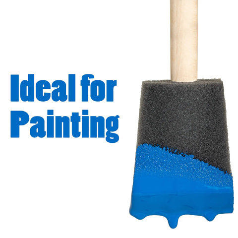 Top Shelf Two Inch Foam Brushes Twenty Four Pack For Painting Staining Varnishing Woodworking Cut Ins Made In The Usa, close-up of brush with blue paint.