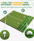 Dual Turf Golf Mat 5x4ft with 10mm and 15mm high elasticity base showing 9 ball tee positions for different training needs
