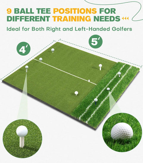 Dual Turf Golf Mat 5x4ft with 10mm and 15mm high elasticity base showing 9 ball tee positions for different training needs
