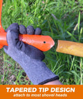 Hand holding shovel attaching to Beefy 55-Inch Black Locust Shovel Handle Replacement, shown with tapered tip design for easy fit.