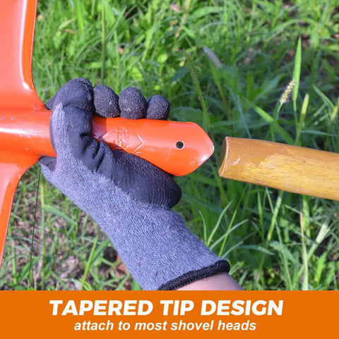Hand holding shovel attaching to Beefy 55-Inch Black Locust Shovel Handle Replacement, shown with tapered tip design for easy fit.