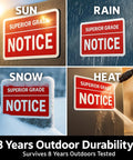 Weatherproof notice label showing durability in sun, rain, snow, and heat; superior grade, 8-year outdoor tested.