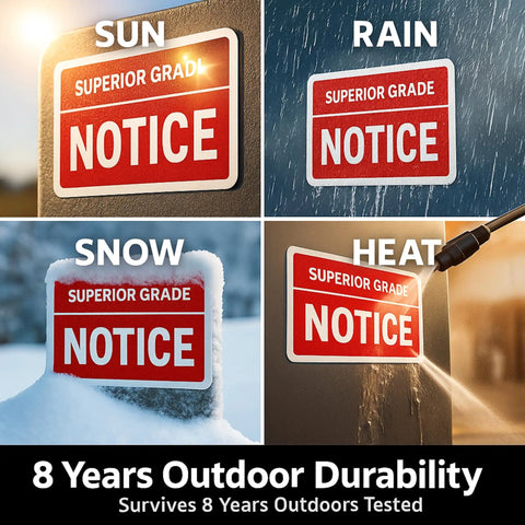 Weatherproof notice label showing durability in sun, rain, snow, and heat; superior grade, 8-year outdoor tested.