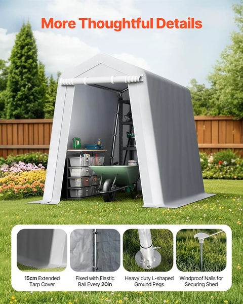 Heavy-Duty Portable Outdoor Storage Shed Tent 6x8x7 Ft With Roll-Up Zipper Door Vent Panels in garden setting